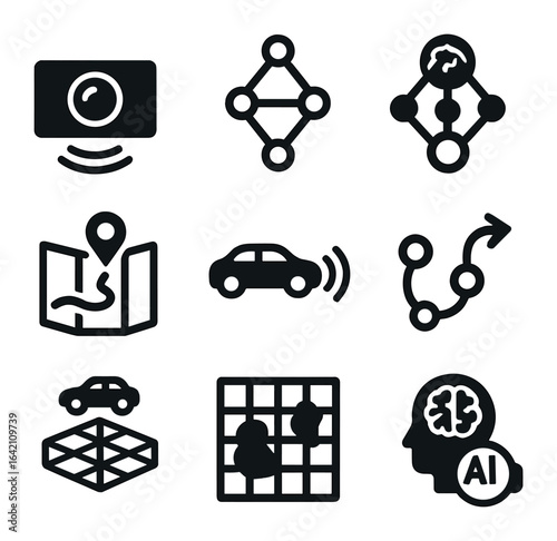 Autonomous Systems Icon Set. Flat icon set of deep learning in autonomous systems: camera feed, sensor fusion,