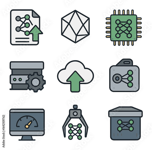 Deep Learning Icon Set. Flat icon set of deep learning deployment: model export, ONNX icon, TensorRT module,
