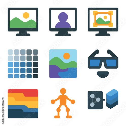Computer Vision Icons. Flat icon set of computer vision with deep learning: image input, object mask,