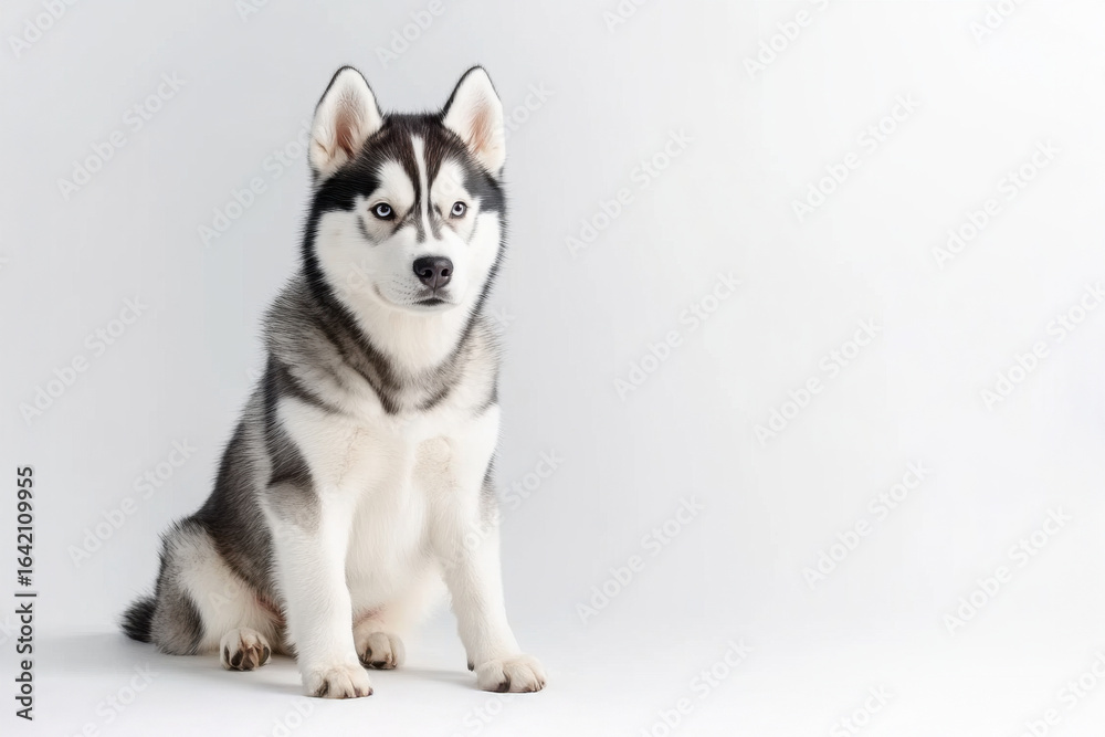 Fototapeta premium Husky dog puppy sitting on white background with blue eyes and fluffy fur. Adorable young canine pet portrait, isolated indoor studio scene.