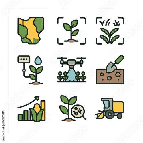 Agriculture Tech Icons. Flat icon set of computer vision in agriculture: crop health map, plant detector, weed