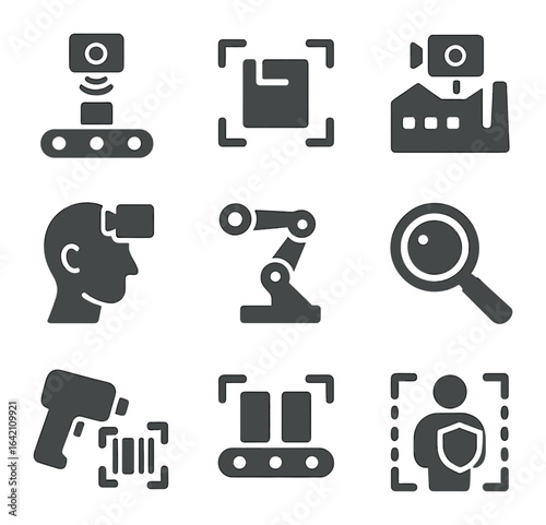 Industrial Vision Icons. Flat icon set of industrial computer vision: conveyor camera, part detection, factory