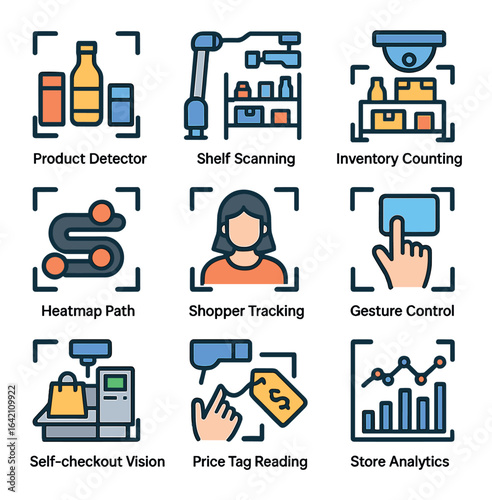 Retail Computer Vision Icons. Flat icon set of computer vision in retail: product detector, shelf scanner,