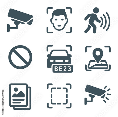 Smart Surveillance Icons. Flat icon set of smart surveillance: CCTV icon, face matcher, movement alert,