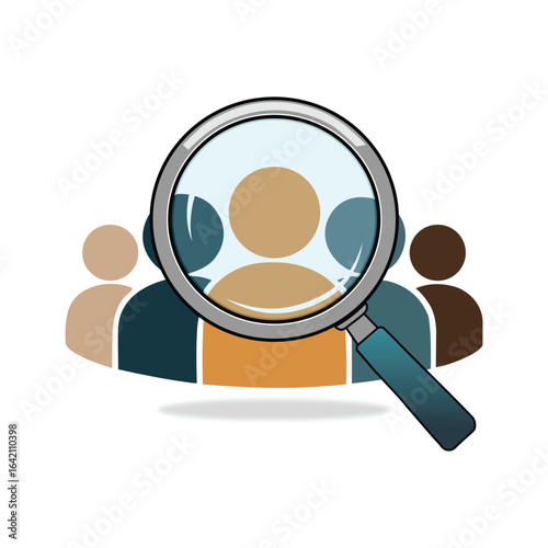 Magnifying Glass Over People Vector Icon on White Background – Recruitment, Job Search, HR Concept