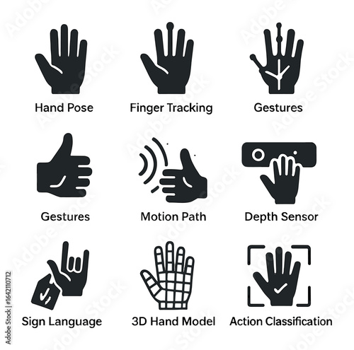 Gesture Recognition Icons. Flat icon set of gesture recognition: hand pose, finger tracking, skeletal points,