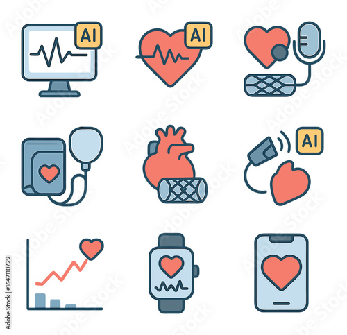 AI Cardiovascular Care Icons. Flat icon set of AI in cardiovascular care: ECG analyzer, arrhythmia detector,