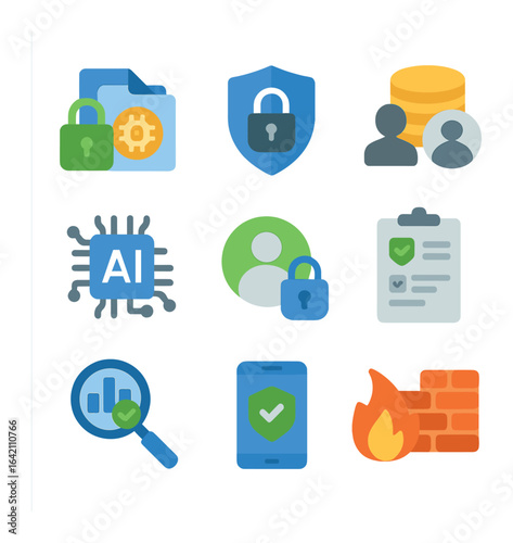 Health Data Privacy Icons. Flat icon set of health data privacy with AI: data encryption, privacy lock,