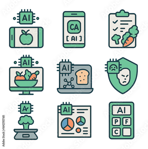 AI Nutrition Icons. Flat icon set of AI in nutrition: food scanner, calorie detector, meal plan generator,