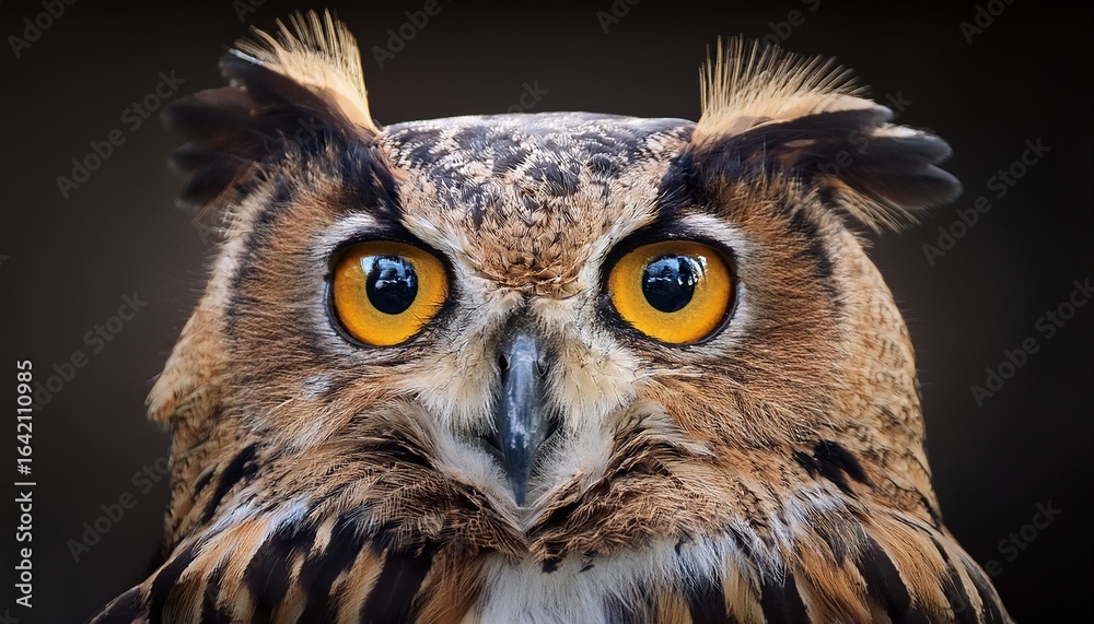 Fototapeta premium adorable brown owl close up portrait with big yellow eyes on dark background
