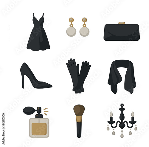 Elegant Accessories Icons. Flat icon set of style: elegant dress, pearl earrings, clutch bag, high heels,