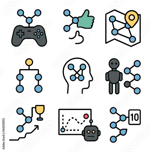 Neural Network Gaming Icons. Flat icon set of neural networks in gaming: game agent, reward feedback,