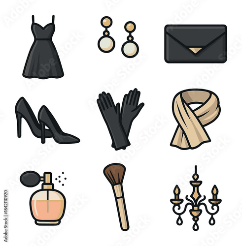 Elegant Fashion Essentials. Flat icon set of style: elegant dress, pearl earrings, clutch bag, high heels,
