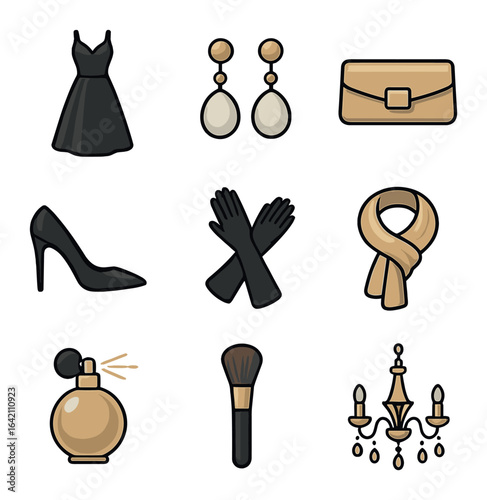 Elegant Icon Set. Flat icon set of style: elegant dress, pearl earrings, clutch bag, high heels, evening
