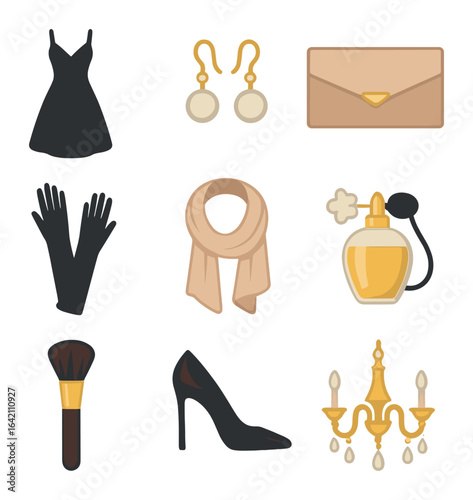 Elegant Accessories Grid. Flat icon set of style: elegant dress, pearl earrings, clutch bag, high heels,