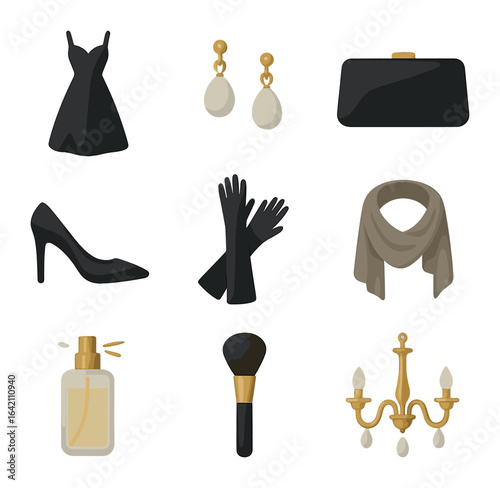 Elegant Evening Icons. Flat icon set of style: elegant dress, pearl earrings, clutch bag, high heels, evening
