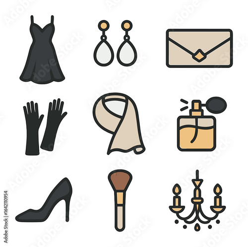 Elegant Outfit Icons. Flat icon set of style: elegant dress, pearl earrings, clutch bag, high heels, evening
