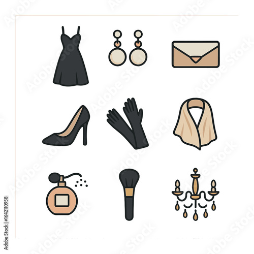 Elegant Accessory Icons. Flat icon set of style: elegant dress, pearl earrings, clutch bag, high heels,