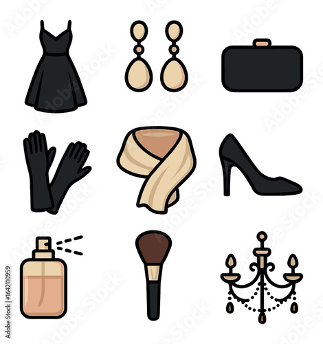 Elegant Fashion Icons. Flat icon set of style: elegant dress, pearl earrings, clutch bag, high heels, evening