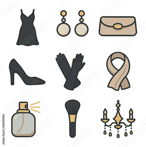 Elegant Fashion Icons. Flat icon set of style: elegant dress, pearl earrings, clutch bag, high heels, evening