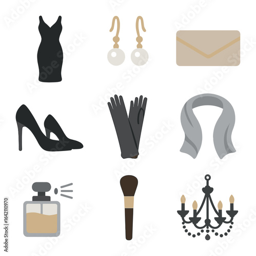 Elegant Fashion Icon Set. Flat icon set of style: elegant dress, pearl earrings, clutch bag, high heels,
