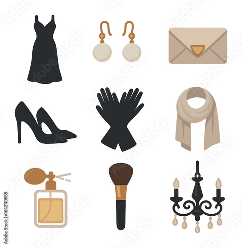 Elegant Fashion Icons. Flat icon set of style: elegant dress, pearl earrings, clutch bag, high heels, evening