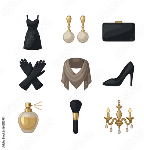Elegant Icon Set. Flat icon set of style: elegant dress, pearl earrings, clutch bag, high heels, evening