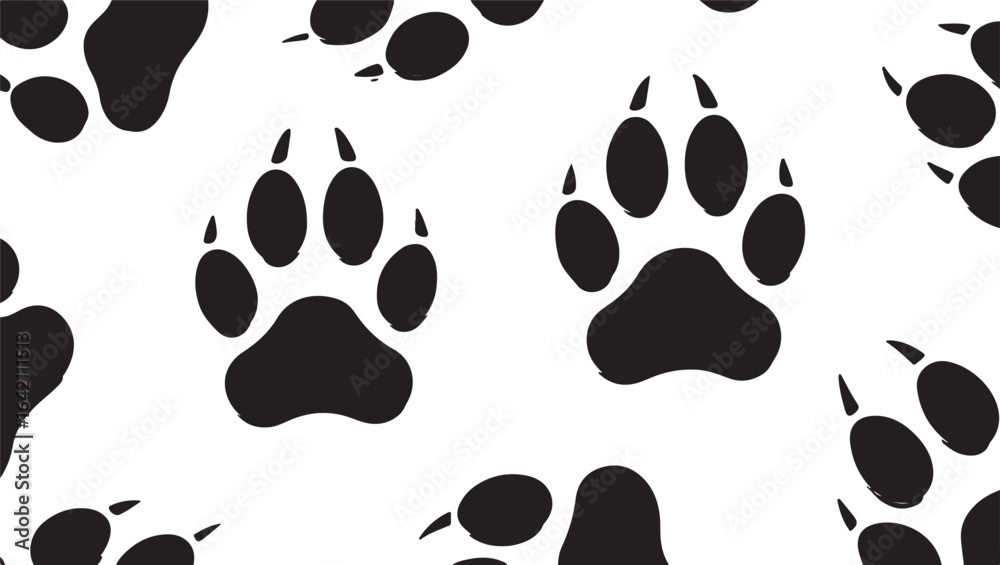 Fototapeta premium Black animal paw prints on white background animal tracks pattern