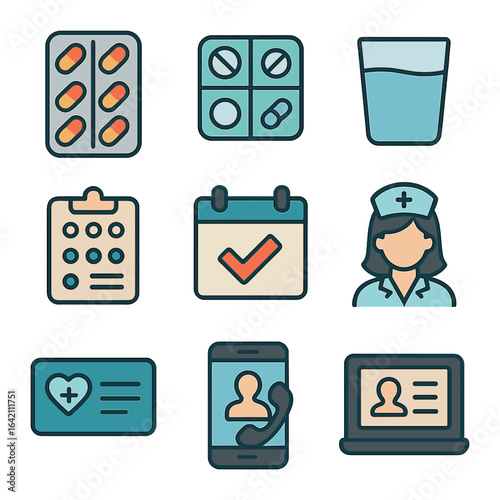 Healthcare Icon Set. Flat icon set of treatment: antibiotics, pill box, water cup, dosage chart, calendar mark
