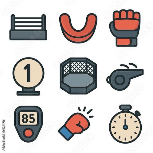 Sports Icon Collection. Flat icon set of sports: boxing ring, mouthguard, MMA gloves, round card, cage, coach