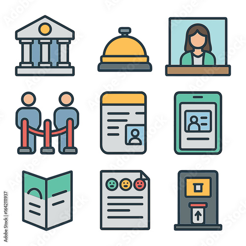 Modern Bank Icons. Flat icon set of bank: branch icon, customer service bell, teller window, waiting line,