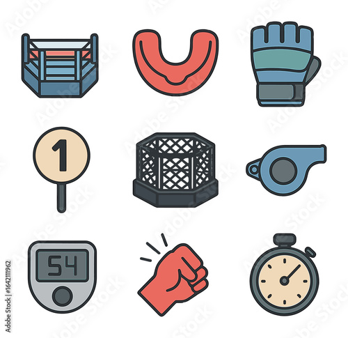Sports Icon Set. Flat icon set of sports: boxing ring, mouthguard, MMA gloves, round card, cage, coach whistle