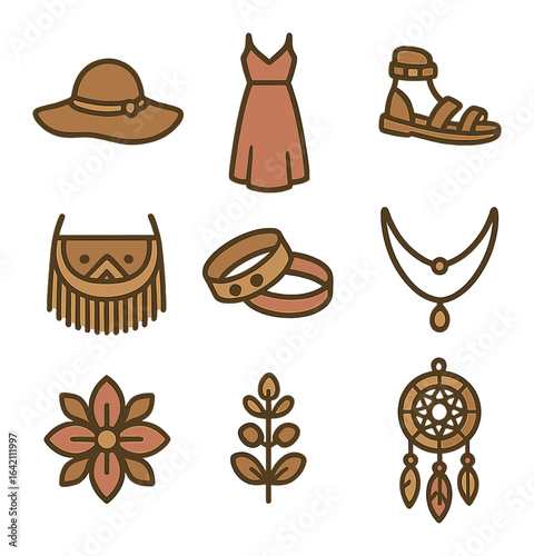 Boho Style Icons. Flat icon set of boho style: floppy hat, maxi dress, sandals, fringe bag, bracelets, layered