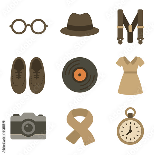 Vintage Icon Set. Flat icon set of vintage style: round glasses, fedora hat, suspenders, brogue shoes, vinyl