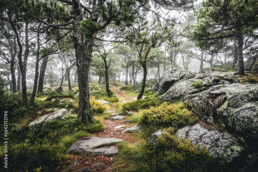 Fototapeta premium Misty forest path winding through rocks and trees.