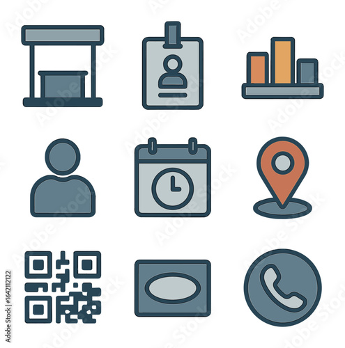 Trade Show Icons. Flat icon set of trade show brochure: exhibition booth, name badge, product display,