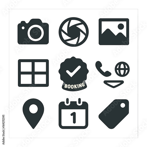 Photography Brochure Icons. Flat icon set of photography brochure: camera icon, lens graphic, photo sample,