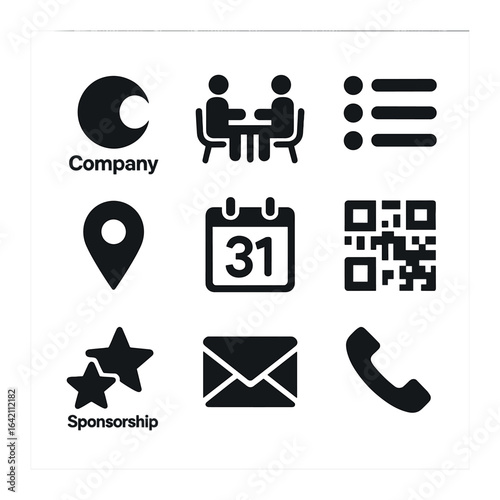 Corporate Flyer Icons. Flat icon set of corporate flyer: company logo, meeting icon, agenda list, location pin