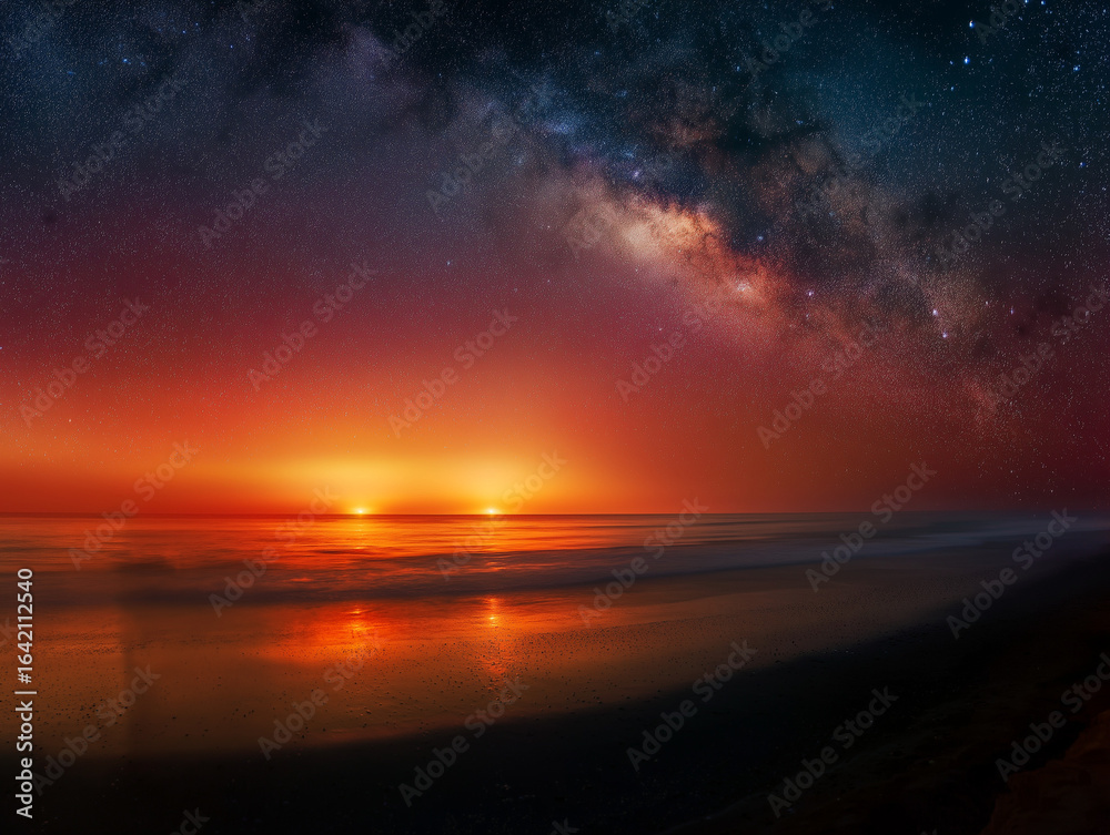 Fototapeta premium Pink and Orange Sunset Over Calm Ocean with Milky Way Galaxy