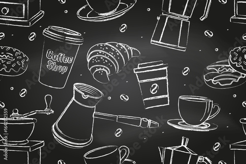 Seamless pattern for coffee shop, restaurant, cafe, bar. Cafe menu background. Vector Illustration. Coffee, croissant, cup, beans, grinder and grinder on the chalkboard