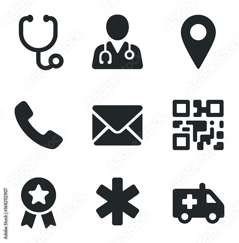 Healthcare Icon Grid. Flat icon set of health care card mockups: stethoscope icon, doctor name, contact icons,