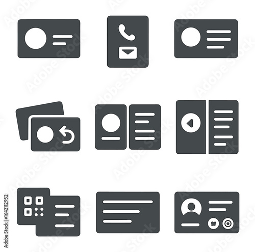 Business Card Mockup Icons. Flat icon set of double-sided card mockups: front logo, back contact icons, two