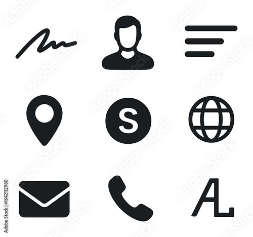 Personal Brand Icon Set. Flat icon set of personal brand card mockups: signature name, headshot silhouette,