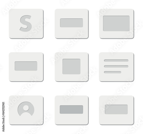 Embossed Card Icon Set. Flat icon set of embossed card mockups: raised logo, debossed text, tactile texture,