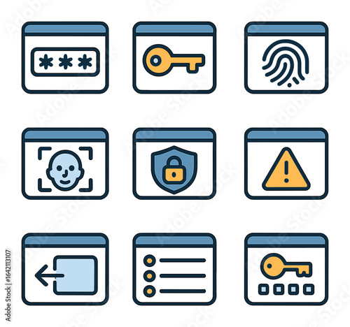 Security Icons Grid. Flat icon set of settings security screens: password field, 2FA key, fingerprint icon,