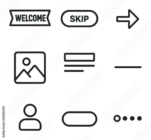Onboarding UI Icons. Flat icon set of onboarding screens: welcome banner, skip button, next arrow, progress