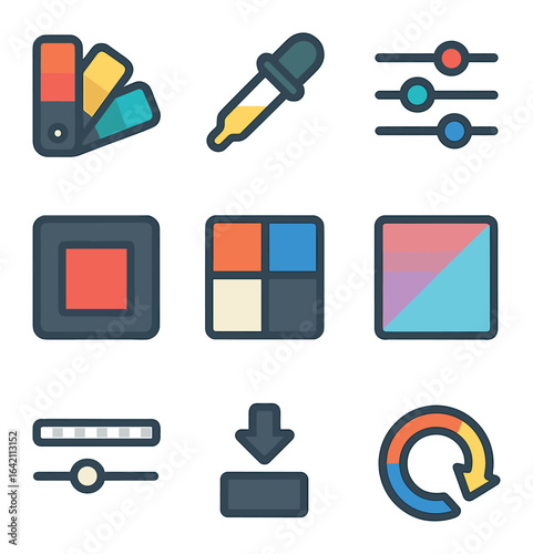 Color Picker Icon Set. Flat icon set of colorpicker UI: color palette, picker eyedropper, RGB sliders, HEX