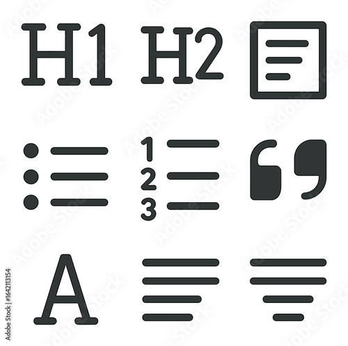 Typography Icon Grid. Flat icon set of typography UI: heading H1, heading H2, paragraph icon, bullet list,