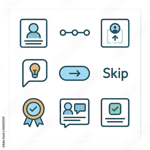 UI Onboarding Icon Set. Flat icon set of onboarding UI: welcome screen, progress step, avatar upload, tooltip