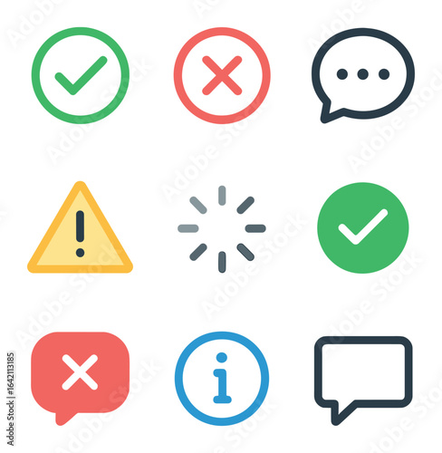Form Validation Icons. Flat icon set of form validation UI: green tick, red cross, helper text icon, warning
